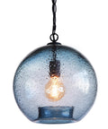 CASAMOTION Modern Farmhouse Blue Glass Globe Pendant Light 11" Dia. features bubble-speckled blue glass shade with matte black chain.