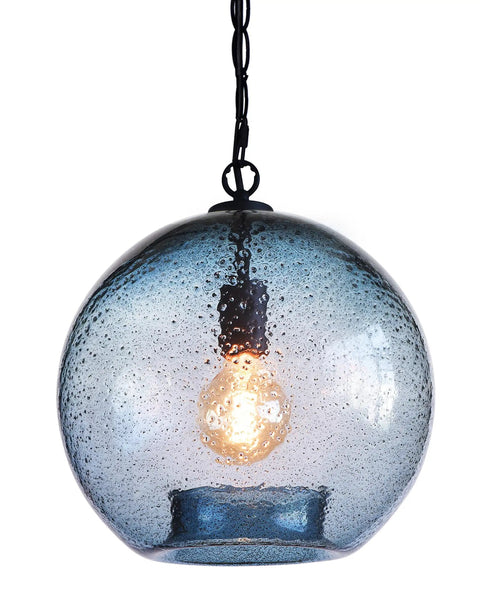 CASAMOTION Modern Farmhouse Blue Glass Globe Pendant Light 11" Dia hanging from a matte black chain showcasing a warm light.