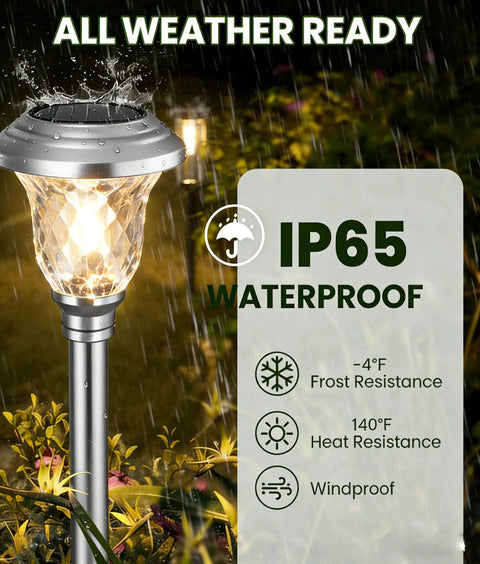 IP65 waterproof solar pathway light with glass shade, stainless steel, for outdoor use, Four Pack Solar Pathway Lights With White And Color Changing Multicolor Glass Shades, Stainless Steel Outdoor All Weather Waterproof Landscape Pathway Yard Driveway Lighting, 3 Modes, 16.54 Inch Tall, 4.72 Inch Diameter, Silver.