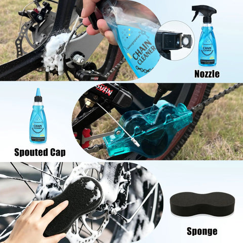 All In One Bike Cleaning Kit With Chain Degreaser, Chain Scrubber, Chain Lube, Gear Floss, Cleaning Brush Set And Pro Grade Towel in use