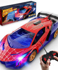 Spider Themed Remote Control Car With Dope Multicolor Flashing Lights Drift RC Toy For Kids Ages 3 Through 12 in red and blue with remote.