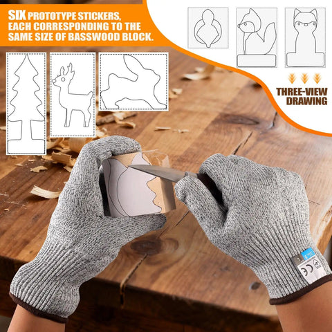 Hands carving wood with Beginner Wood Carving Kit With Blocks And Tools For Kids And Adults, templates visible on table