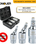 Two Stage Swivel Magnetic Socket Extensions For One Quarter, Three Eighths And One Half Inch Drives With Fixed And Pivot Modes, Replaces Two Tools, Built For Tight Spots And Easy Access In Confined Areas. 3pcs set in storage case