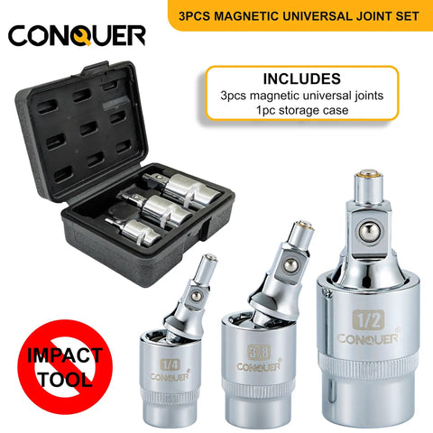 Two Stage Swivel Magnetic Socket Extensions For One Quarter, Three Eighths And One Half Inch Drives With Fixed And Pivot Modes, Replaces Two Tools, Built For Tight Spots And Easy Access In Confined Areas. 3pcs set in storage case