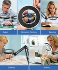 10X Real Glass Magnifier With LED Light And Clamp Desk Lamp 1800 Lumens Stepless Dimming 3 Color Modes 4.2 Inch Lens in use for various tasks