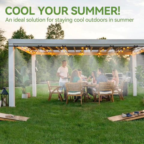 Outdoor patio with 120Ft Outdoor Misting System With 28 Brass Nozzles And 2 Water Filters DIY Misting Kit for summer cooling