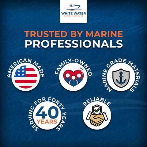 White Water Marine Hardware infographic highlighting trust, American made, family-owned, quality materials, 40 years serving.