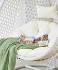 Hanging Egg Chair Outdoor Indoor With Stand, Wicker Swing Egg Chair For Patio Garden Balcony Yard, 300 Lb Capacity, White, Rust Resistant Steel Frame, PE Rattan Weave, Cozy Relaxation Spot with cushion and blanket