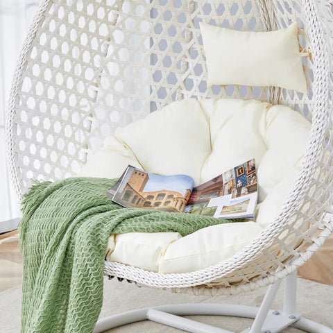 Hanging Egg Chair Outdoor Indoor With Stand, Wicker Swing Egg Chair For Patio Garden Balcony Yard, 300 Lb Capacity, White, Rust Resistant Steel Frame, PE Rattan Weave, Cozy Relaxation Spot with cushion and blanket