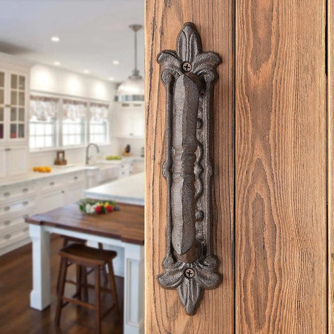 Heavy Duty 8.9 Inch Barn Door Handles 2 Pack In Rust Color Cast Iron Rustic Vintage Look For Gate Fence Outdoor Garage Closet Drawer Cabinet Pulls With Durable Mounting Holes Built To Last And Easy Install installed on wooden door