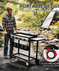 Man using Four Burner Portable Propane Griddle With Electronic Ignition 40,000 BTU Flat Top Gas Grill Rolling Cart