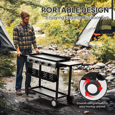Man using Four Burner Portable Propane Griddle With Electronic Ignition 40,000 BTU Flat Top Gas Grill Rolling Cart