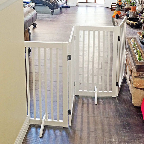 Wooden Support Feet For 360-Degree Configurable Pet Gate, White, A Pair, on dark wood floor, stabilizing gate panels