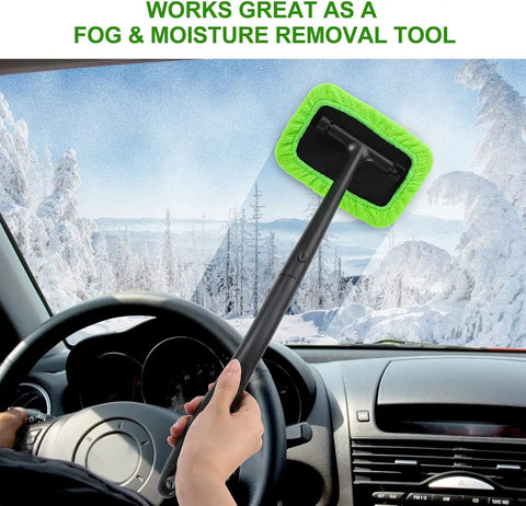 Inside Windshield Cleaning Tool With 22 Inch Detachable Handle For Clear Vision And Easy Car Detailing shown in use on a snowy windshield