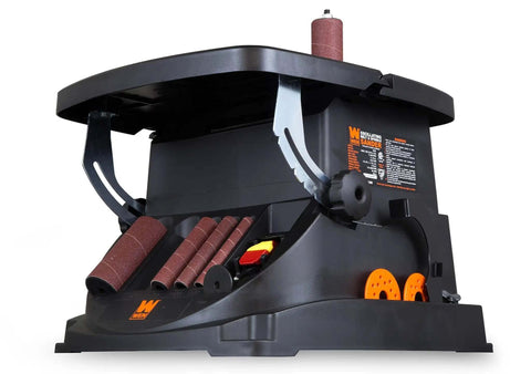 Powerful Heavy Duty Oscillating Belt And Spindle Sander With Four By Twenty Four Inch Belt And Drums From One Half To Two Inches Three And A Half Amp Motor Belt Speed Up To Fifteen Hundred Seventy Five Feet Per Minute Spindle Up To Two Thousand RPM front view