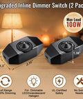 Two Pack Upgraded Inline Dimmer Switch For Lamp Cord Black with smooth rotary knob, measures 2.75x1.3x0.94 inches for easy use.