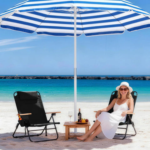 Premium Portable Camping Chair With Five Position Recliner Lightweight Foldable Outdoor Lounger With Wooden Armrests And Headrest on beach