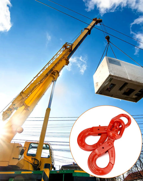 Rock Solid Grade 80 Drop Forged Steel Swivel Self Locking Safety Hook 2 Pack With 4500 Lbs Capacity shown with crane and load.