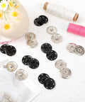 20 Sets Of 21mm Snap Buttons For Fabric And Clothes Metal Sew On Snaps Heavy Duty Snap Fasteners In Black And Silver Kit on display