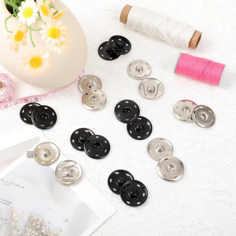 20 Sets Of 21mm Snap Buttons For Fabric And Clothes Metal Sew On Snaps Heavy Duty Snap Fasteners In Black And Silver Kit on display