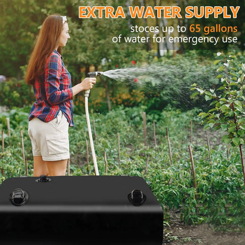 65 Gallon Foldable Water Storage Bladder For Camping Gear And Emergency Prep With Three Quarter Inch Spigot and Overflow Kit in use