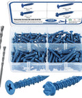 Concrete Screw Assortment Kit With Drill Bit 200 Pcs No Pre Drill Diamond Point Flat Head Phillips And Hex Head Masonry Screws