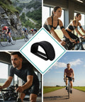 Cyclists and gym users with 4 Pack Black Pedal Straps For Fixed Gear Bikes, Adjustable Foot Rest Strips. Central image shows the product.