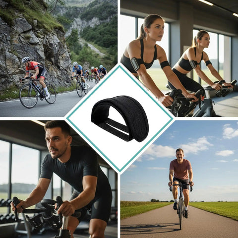 Cyclists and gym users with 4 Pack Black Pedal Straps For Fixed Gear Bikes, Adjustable Foot Rest Strips. Central image shows the product.