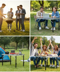 Heavy Duty 4 Pack Table Leg Extenders Raise Height From 3.6 To 5.2 Inches used at outdoor gathering for dining and activities.