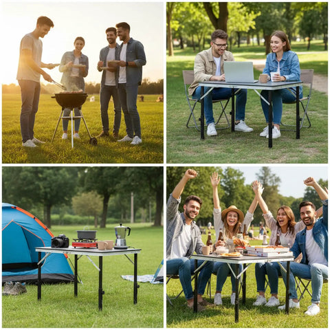 Heavy Duty 4 Pack Table Leg Extenders Raise Height From 3.6 To 5.2 Inches used at outdoor gathering for dining and activities.