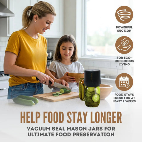 Image of a woman and girl using the All-New 2026 Electric Mason Jar Vacuum Sealer Kit with fresh vegetables in a kitchen.