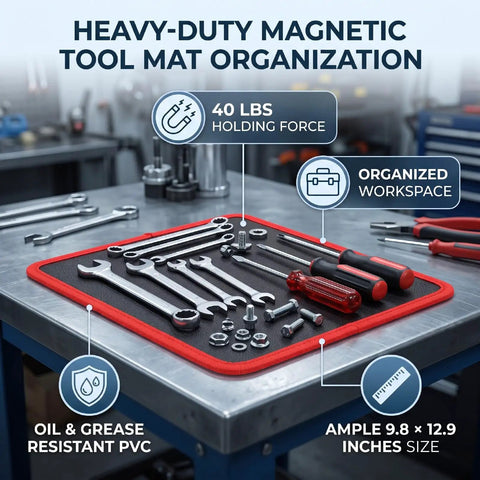 Heavy Duty Magnetic Tool Mat With PVC Coating Flexible 9.84 By 12.99 Inches Stays Put For Screwdrivers Wrenches Bolts And Small Parts In The Garage Or Shop Holds Tools Firmly Even On Tilted Surfaces. on metal workbench with tools