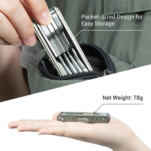 Universal Folding Tool for Videographers Nine In One Pro Grade Multi Tool Kit with pocket-sized foldable design in hand.