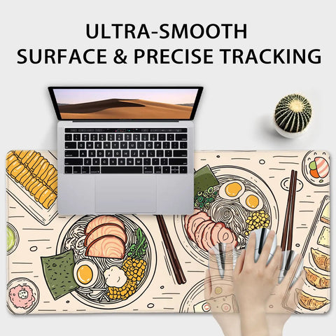 Japanese Ramen Themed XXL Gaming Mouse Pad 31.5 By 15.7 Inches With Illustrated Food Pattern Non Slip Rubber Base Stitched Edges