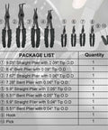 Heavy Duty Snap Ring Pliers Set Pro Grade With 10 Piece Internal And External Circlip Pliers Including Bent And Straight Tips Plus Hook And Pick Storage Case And Gloves For Easy Ring Removal package list and tool lineup