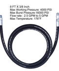8 Ft Pressure Washer Whip Hose With Swivel Adapter Set Three Eighths Inch NPT Workhorse Pro Grade Quick Connect For High PSI Up To 4000, 2.5-5 GPM, 176F Max Temperature, Burst 16000 PSI, Heavy Duty Durable Hose. Black 8 ft 3/8 inch pressure washer hose with swivel fittings