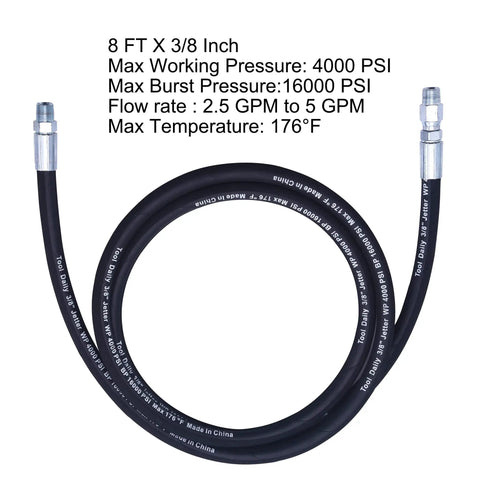 8 Ft Pressure Washer Whip Hose With Swivel Adapter Set Three Eighths Inch NPT Workhorse Pro Grade Quick Connect For High PSI Up To 4000, 2.5-5 GPM, 176F Max Temperature, Burst 16000 PSI, Heavy Duty Durable Hose. Black 8 ft 3/8 inch pressure washer hose with swivel fittings