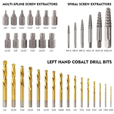 35 Pc Drill Bit Set With Multi Spline Bolt Extractors And Left Hand Cobalt Drill Bits In Blue displayed in size order