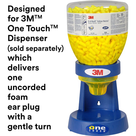 3M dispenser filled with Premium Slow Recovery Foam Ear Plugs For All Day Comfort, 33 dB NRR, Tapered Cylinder Design