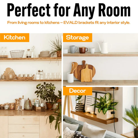 Badass Hidden Floating Shelf Brackets Featuring Slick Pinol Screw Tech For Rock Solid Zero Sag Mounts Ideal For Heavy Mantels Kitchen Shelving Decor Projects With Quick Hardware Setup Four Pack displayed in stylish kitchen and storage decor.