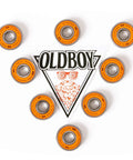 Set of 8 Chrome Steel Bearings 8x22x7mm for skateboards, featuring tempered steel balls and smooth roll around Oldboy logo.