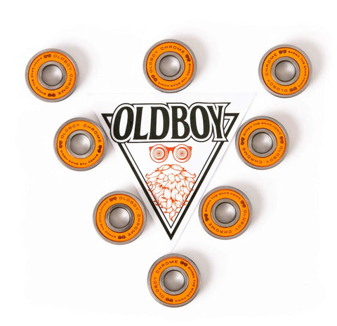 Set of 8 Chrome Steel Bearings 8x22x7mm for skateboards, featuring tempered steel balls and smooth roll around Oldboy logo.