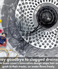 Two Pack Stainless Steel Drain Hair Catcher For Bathtub And Shower with hair and toys on mesh filter in bathtub