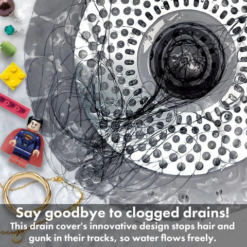 Two Pack Stainless Steel Drain Hair Catcher For Bathtub And Shower with hair and toys on mesh filter in bathtub