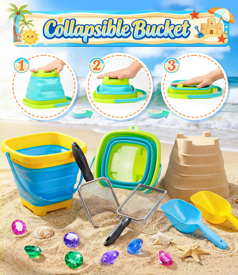 Ultimate 24 Piece Beach Toys Set for Kids Ages 3 to 10 with metal sand sifter, collapsible bucket, plastic shovels, and seashell gems on sand.