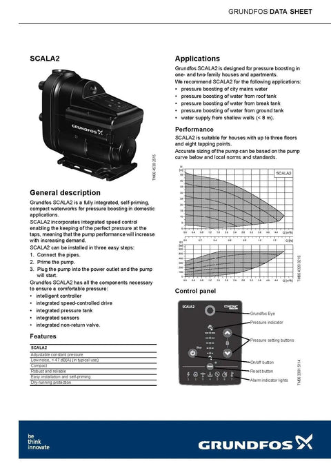 Data sheet for Scala2 Smart Pressure Boosting Pump for Home Water System with auto control and plug-and-play setup