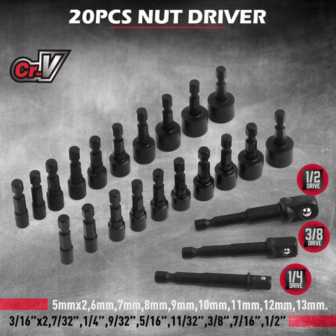 20-piece CR-V nut driver set from 232 Piece Ultimate Screwdriver Bit Set With CR-V Impact Driver Bits Includes Security Bits Nut Driver Ratchet Wrench And Bits Holder For Tough Jobs Smooth Maintenance Pro Grade Performance And Long Lasting Durability