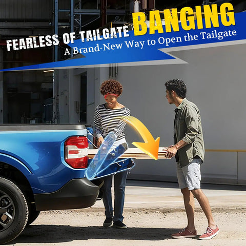 Two people using Tailgate Assist Shock For Ford F Series Trucks 1997 2016 Soft Open Damper Hydraulic Strut on a pickup