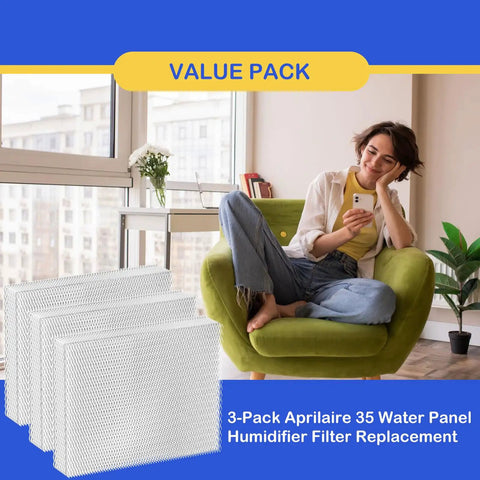 3-Pack Aprilaire 35 Water Panel Humidifier Filter Replacement displayed in stylish living room
