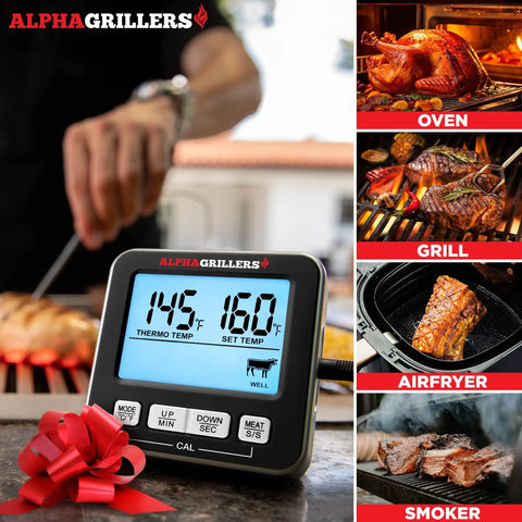 Digital Meat Thermometer For Grilling And Smoking With 7 Preset Temperature Alerts, Timer And Alarm, showing temperature display.